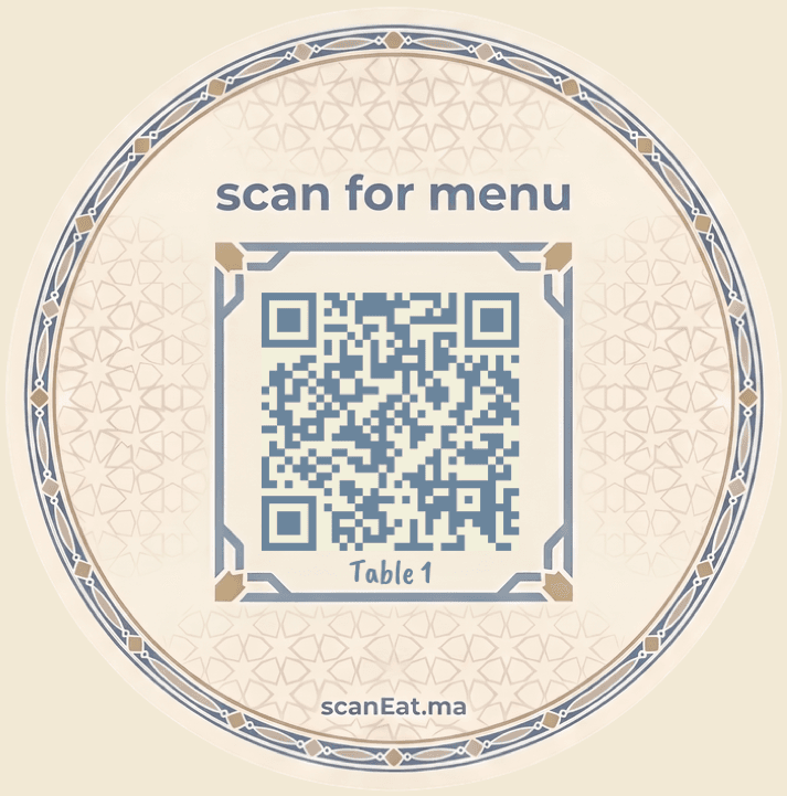ScanEat coaster with zellij patterns: scan for menu, Table 1, scanEat.ma