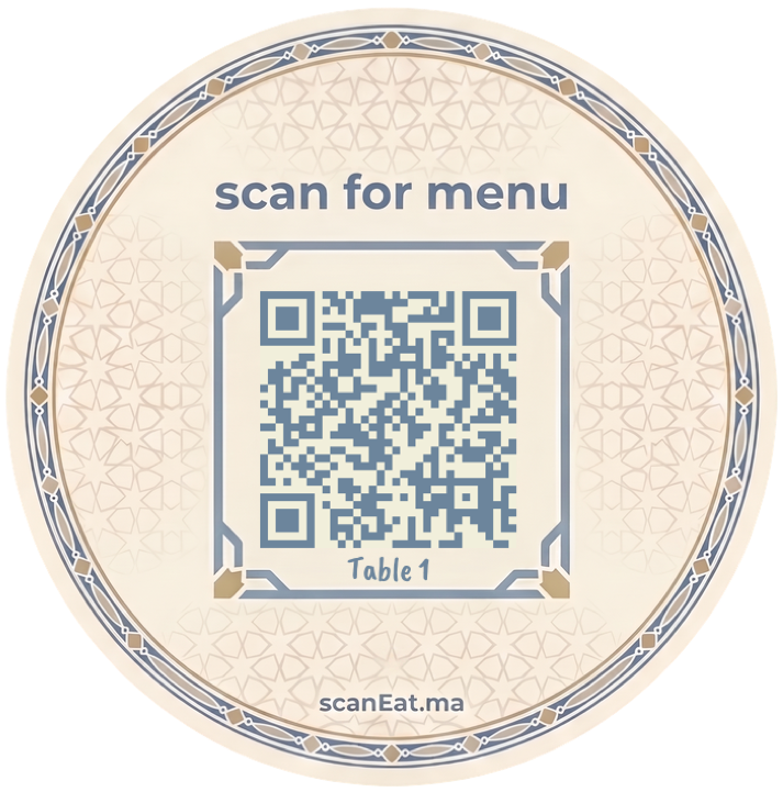 Posavasos ScanEat con motivos zellige: escanea para el menú, Mesa 1, scanEat.ma